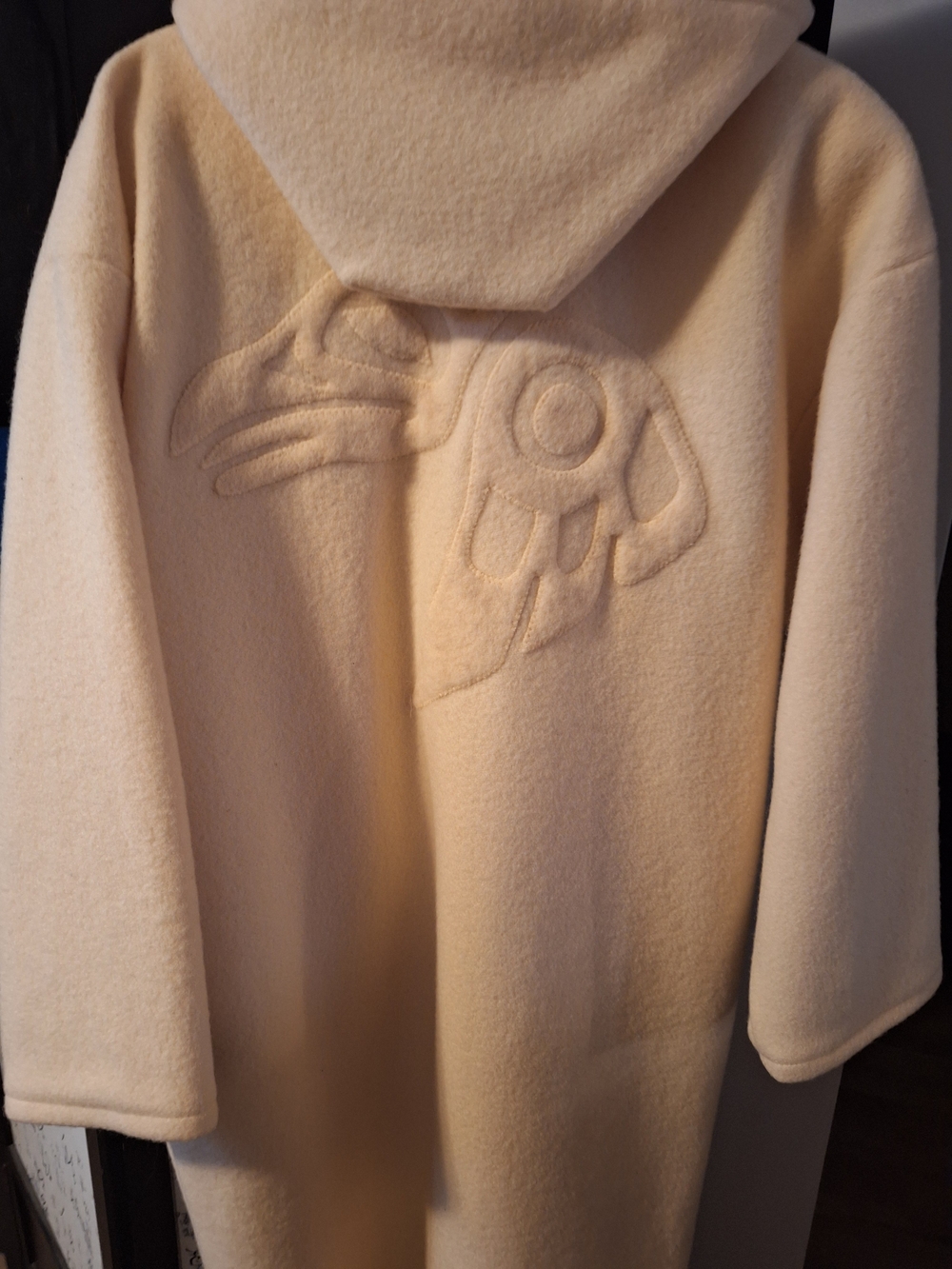 Womens Full Length Hooded Cream Wool Parka w/ Sky Blue Shell